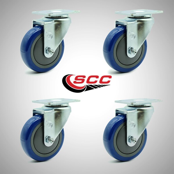 4 Inch SS Blue Polyurethane Wheel Swivel Top Plate Caster Set